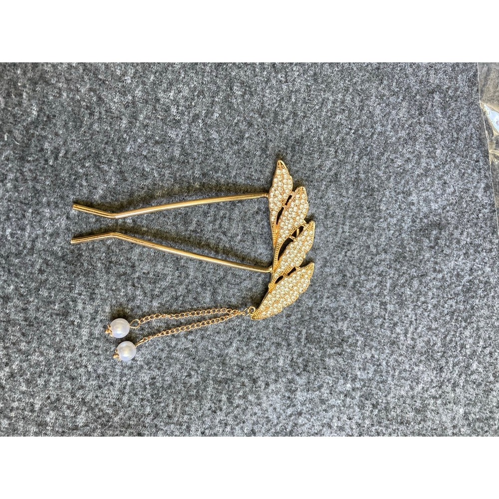 Vintage Style Leaf Hair Clip Stick Pin U-Shape Hairpin Gold Tone with faux Pearl - Picture 2 of 5
